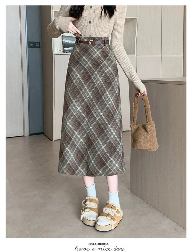 Faux Woolen Plaid Long Skirt Women Vintage Slim High Waist Back Slit Belt Skirts Korean Fall Winter Elegant Long Skirts New voguable