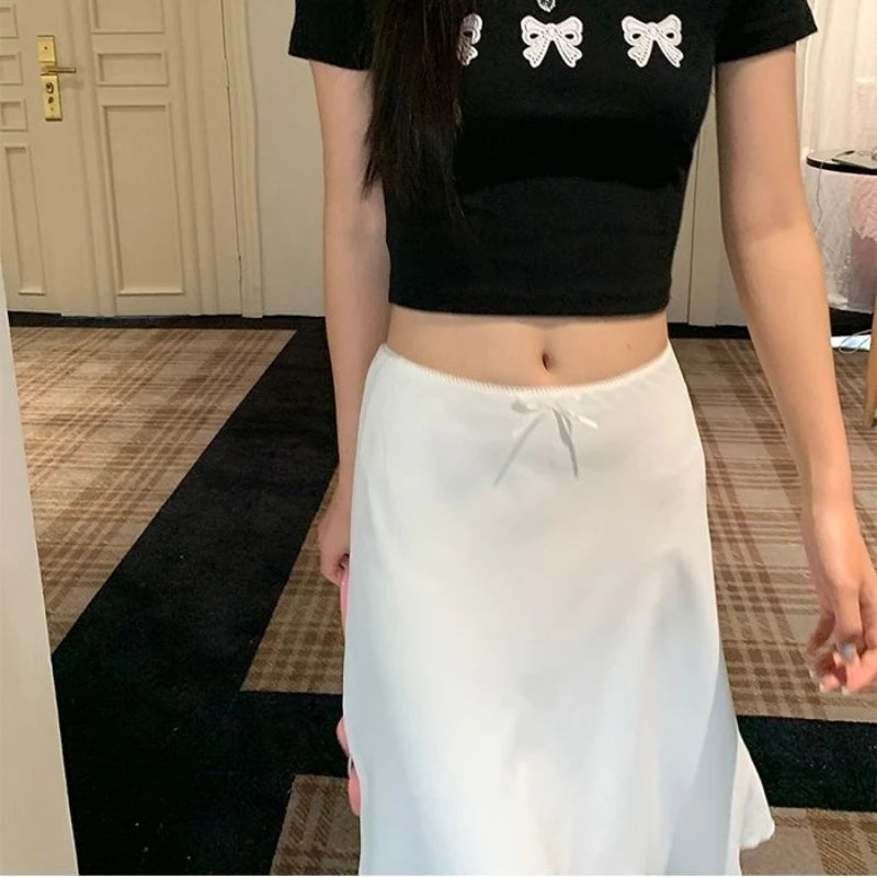 Elegant White Women Satin Skirt Fairycore Ruffle Mid Skirts Coquette A-line Basic Casual Korean Style Summer Silk Skirt voguable