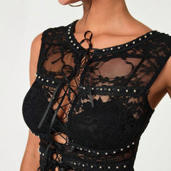 Tanks Spring Summer Fashion K-Style Lace Lace-Up Sleeveless Round-Neck Casual Daily Tanks For Women voguable