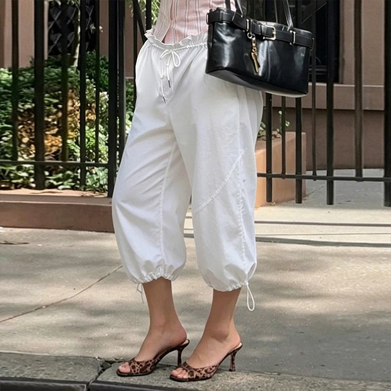 Voguable  Fashion Women Pure Color Drawstring Pleated Edge High Waist Loose Fit 3/4 Length Cargo Trousers Going Out Casual Summer Pants voguable