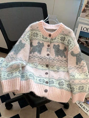 Sweet Pink Cartoon Cardigan Sweaters Women Vintage Lazy Wind Long Sleeve Cute Knitted Coat Casual Japan Kawaii Loose Tops voguable