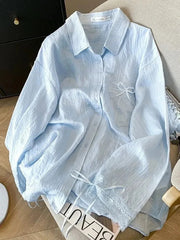 Blue Sweet Sun Proof Shirt Women Lace Patchwork Bow Korean Blouse Loose Fashion Long Sleeve Elegant Female Casual Cute Tops voguable