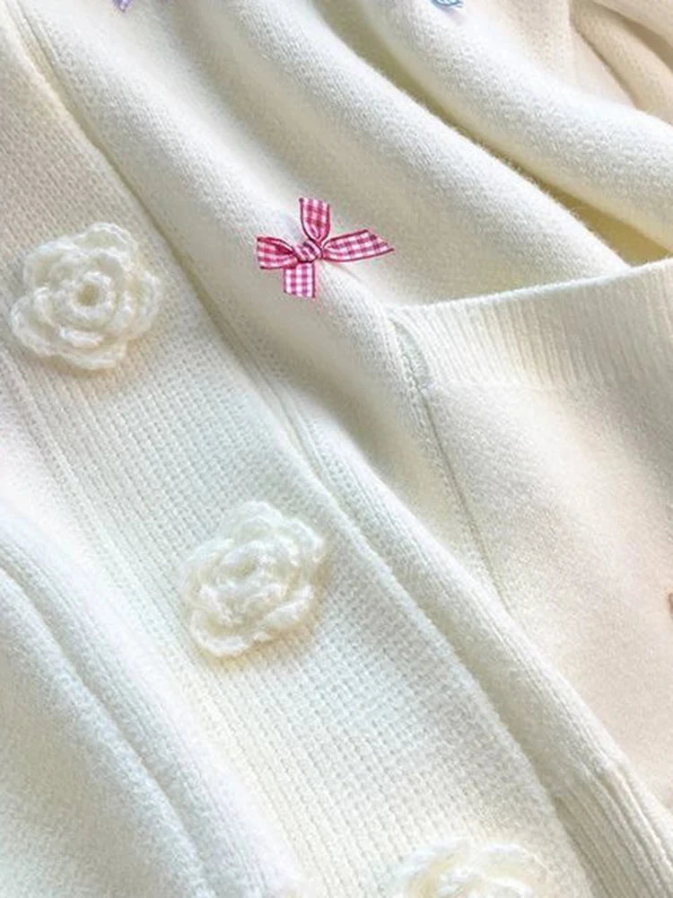 3D Floral Sweet Bow Cardigan Sweaters Women Preppy Style Loose V Neck Korean Knitted Jacket Casual Fashion Long Sleeve Fall Tops voguable