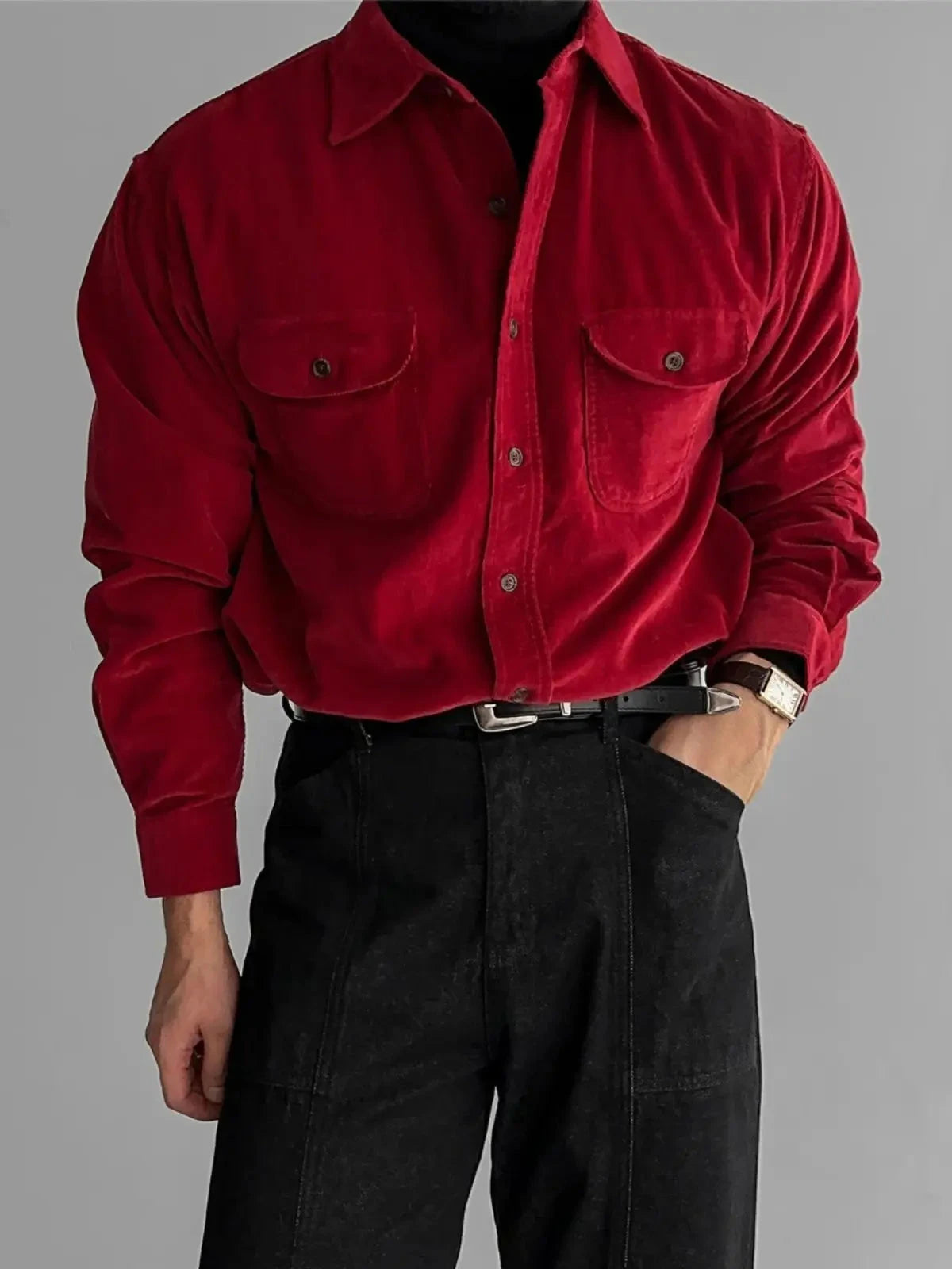 Korean High-end Shirt Temperament Red Corduroy Long-sleeved Shirts Men Women Spring Loose Lazy Trendy Tops Aesthetic Chic Blouse voguable