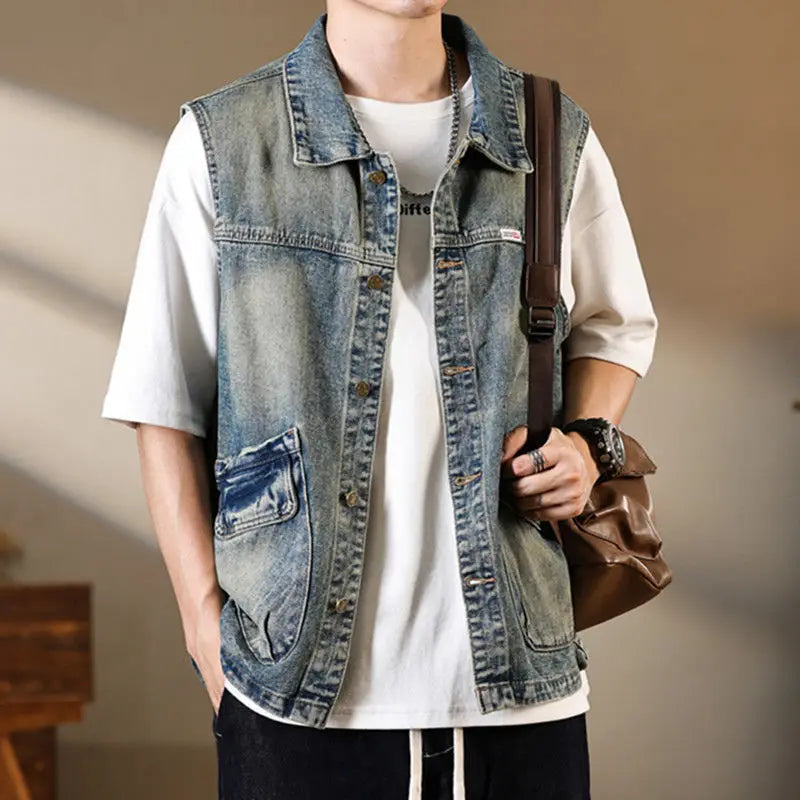 Voguable  Retro Color Blocked Denim Vest Jacket Men's Korean Version Loose Straight Tube Sleeveless Outer Jacket Vest Top voguable