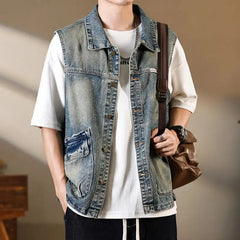 Voguable  Retro Color Blocked Denim Vest Jacket Men's Korean Version Loose Straight Tube Sleeveless Outer Jacket Vest Top voguable