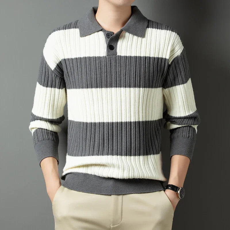 Voguable  Polo Shirt Luxury Men's Pullover Sweater Fashion Thick Warm Sweater Striped Casual T-shirt Men's Top Loose Knitwear voguable