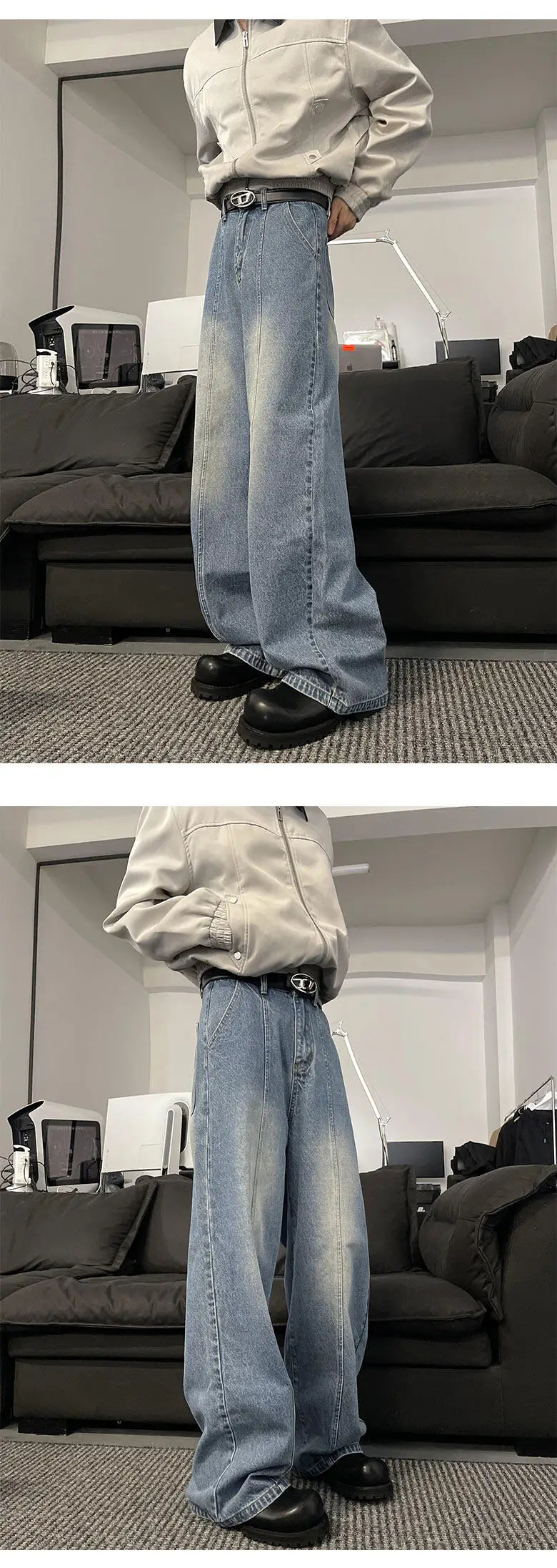 Jeans Men Loose Wide Leg Trousers Unisex low-rise jean Men's Denim Pants Old Blue Washed Male Jeans Straight Patchwork mop pants voguable