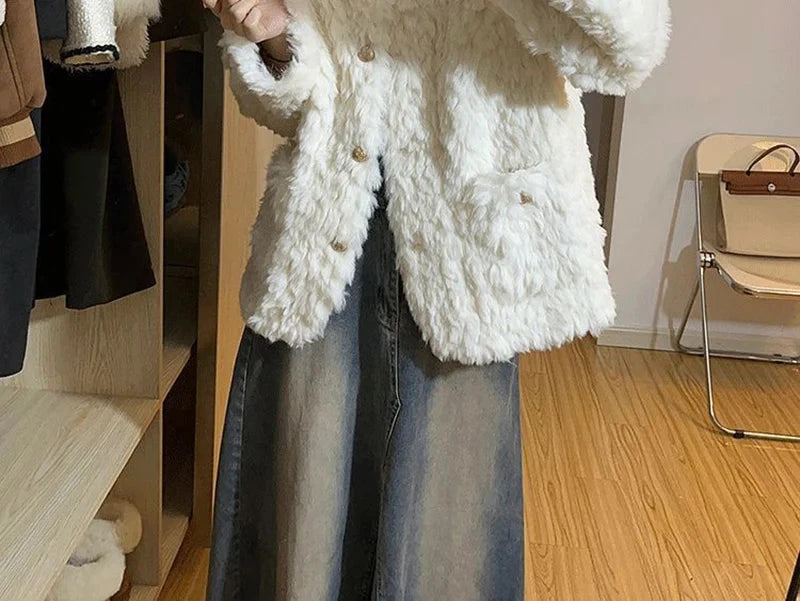 Winter Sweet Korean Faux Lamb Coat Women Vintage Warm Thick Long Sleeve Cute Jacket Casual O Neck Pockets Elegant White Tops New voguable