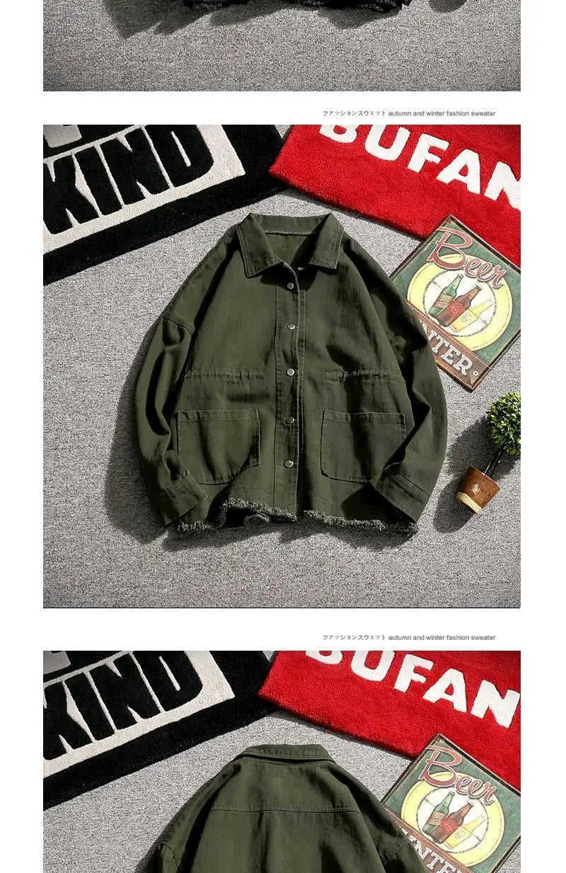 Japanese Cargo Retro Jacket Men 2025 Spring Loose Large Size Army Green Denim Jacket Preppy Trendy High-end Simple Jacket Chic voguable