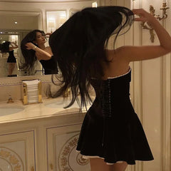 Voguable Black Strapless Christmas Dress Sexy A Line Vintage Velvet Party Mini Dresses Elegant Women Dresses voguable