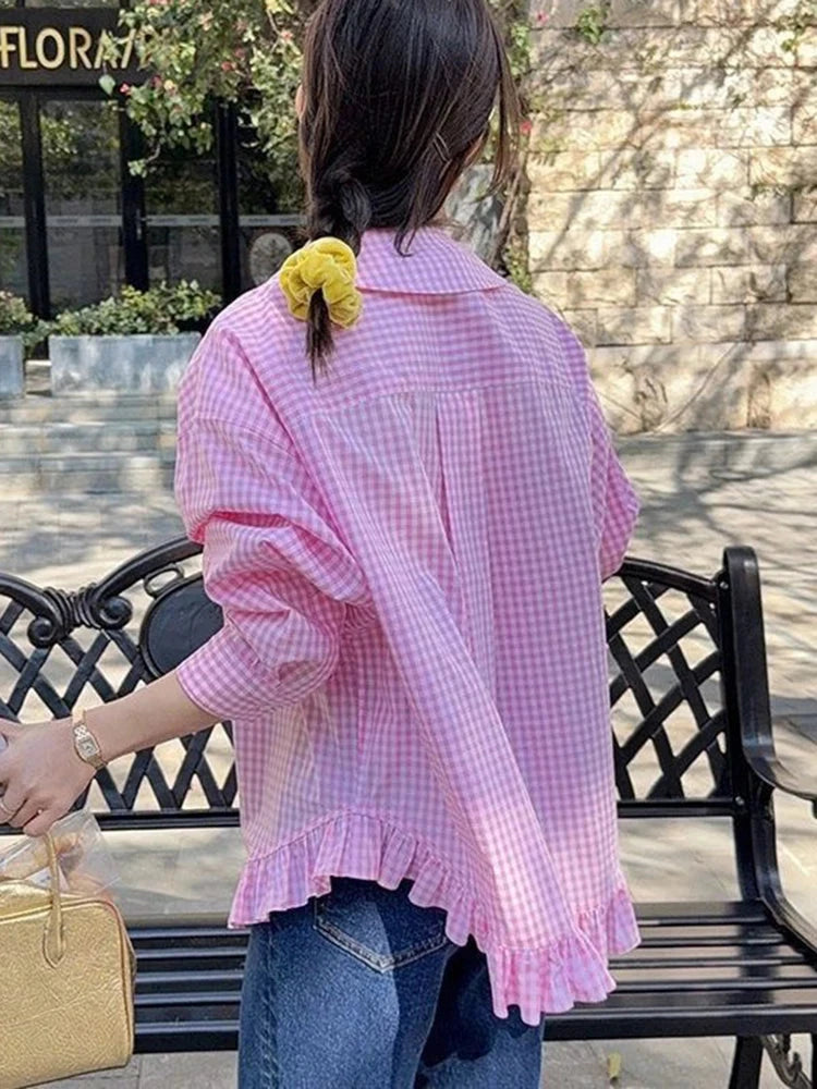 Vintage Black Plaid Shirt Women Loose Sweet Preppy Style Long Sleeve Blouse Fall Casual Retro Cute All Match Female Tops New voguable