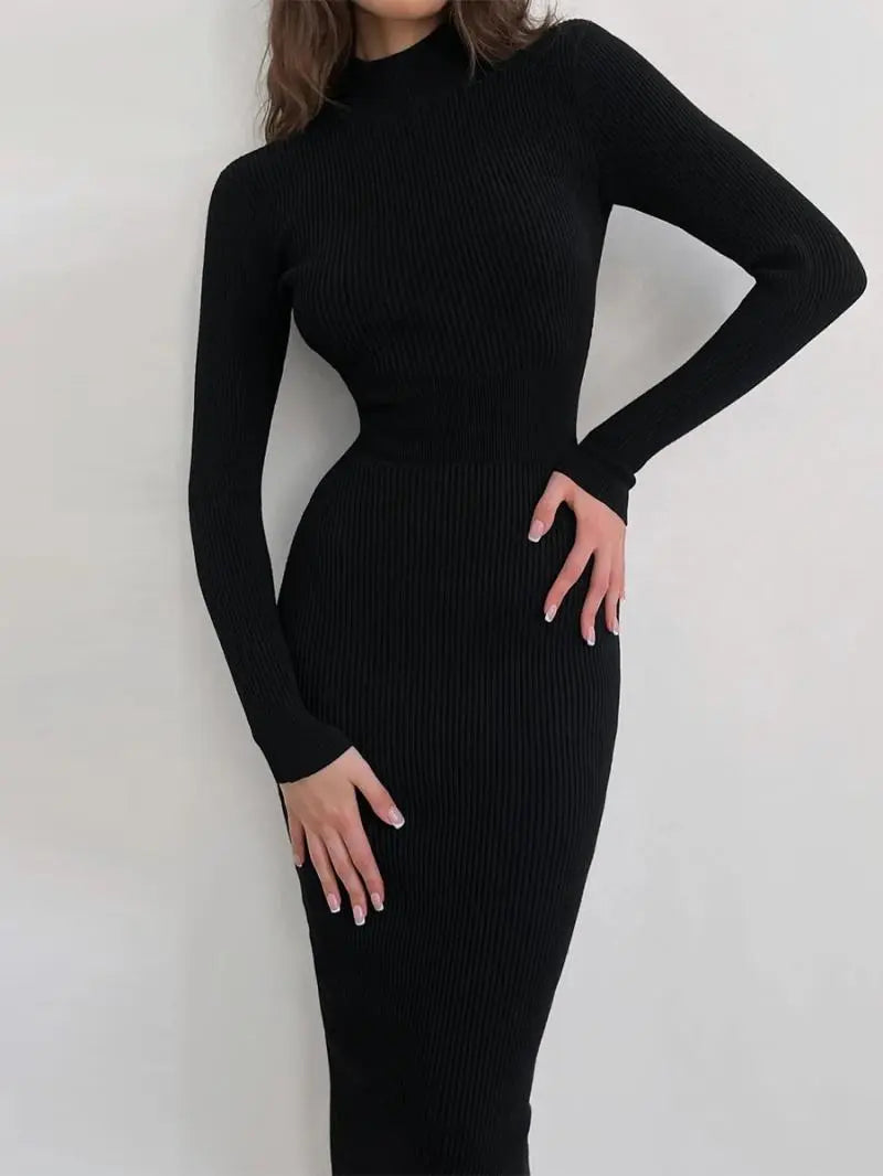 Knitted White Dress Women Elegant Fashion Turtleneck Bodycon Midi Dresses Female Autumn Winter Long Sleeve Slim Streetwear Dress voguable