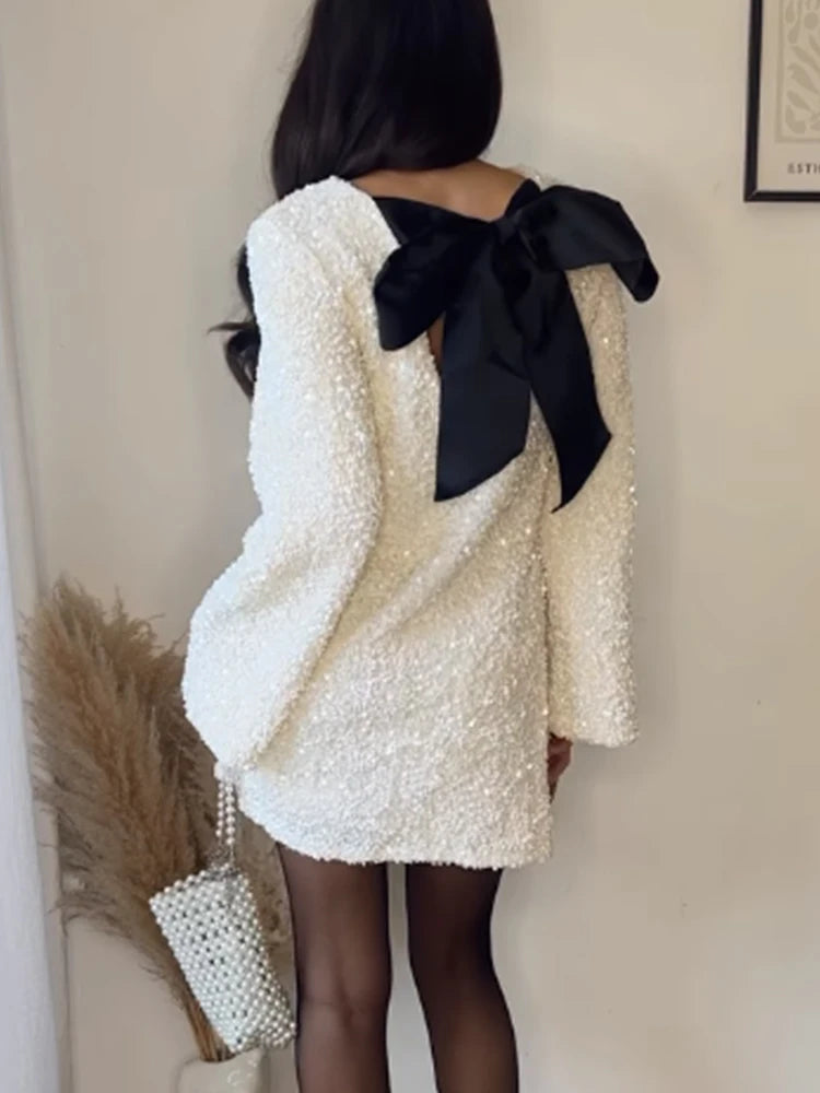 Fashion Shining Sequin Mini Dress For Women Long Sleeve Bowknot Chic Short Dresses Female Elegant Holiday Evening Party Looks voguable