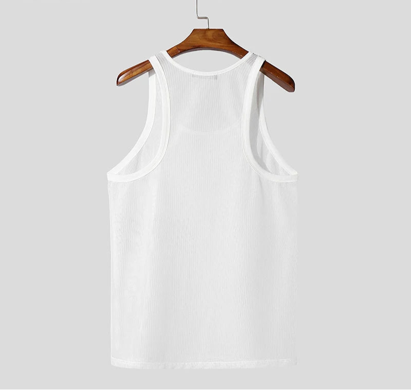 Men Tank Tops Solid Color O-neck Sleeveless Mesh Male Vests Summer Streetwear Transparent Hollow Out Men Clothing voguable