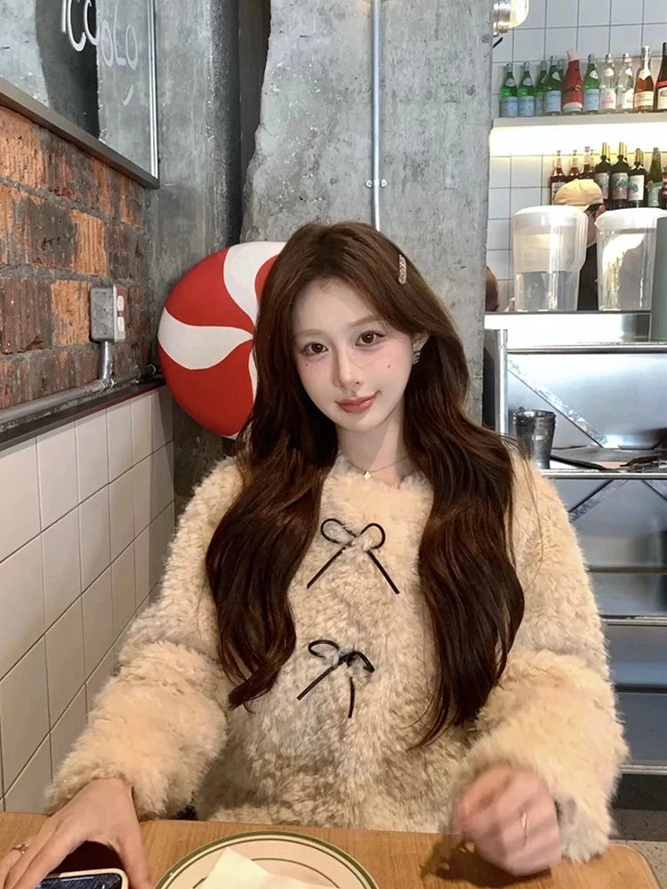 Cute Bow Faux Lamb Coat Women Sweet Winter Long Sleeve O Neck Jacket Slim Warm Korean Female Fashion Preppy Style Outwear Tops voguable