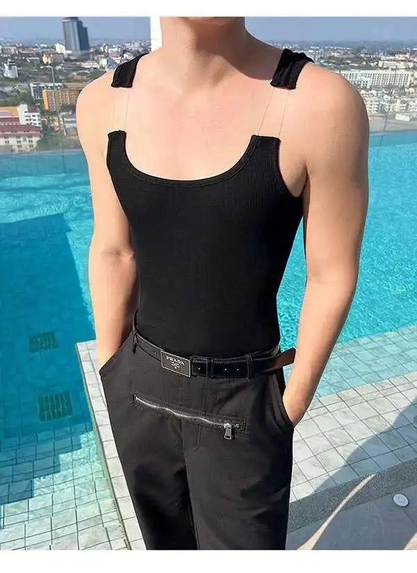 2025 New Fashion Male Vest Patchwork Personality Sleeveless Top Men's Solid Color Slim T-shirt Spring Trendy 9A8204 voguable
