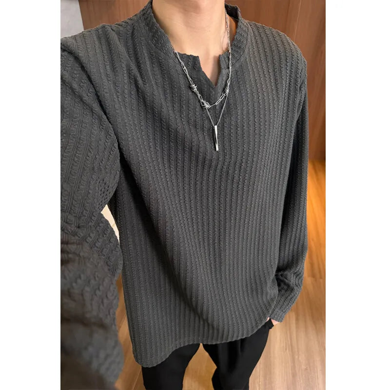 Spring Long Sleeved T-shirt Men V-neck T Shirt Men Streetwear Korean Loose Casual Pullover T Shirt Mens Top Large Size 5XL voguable