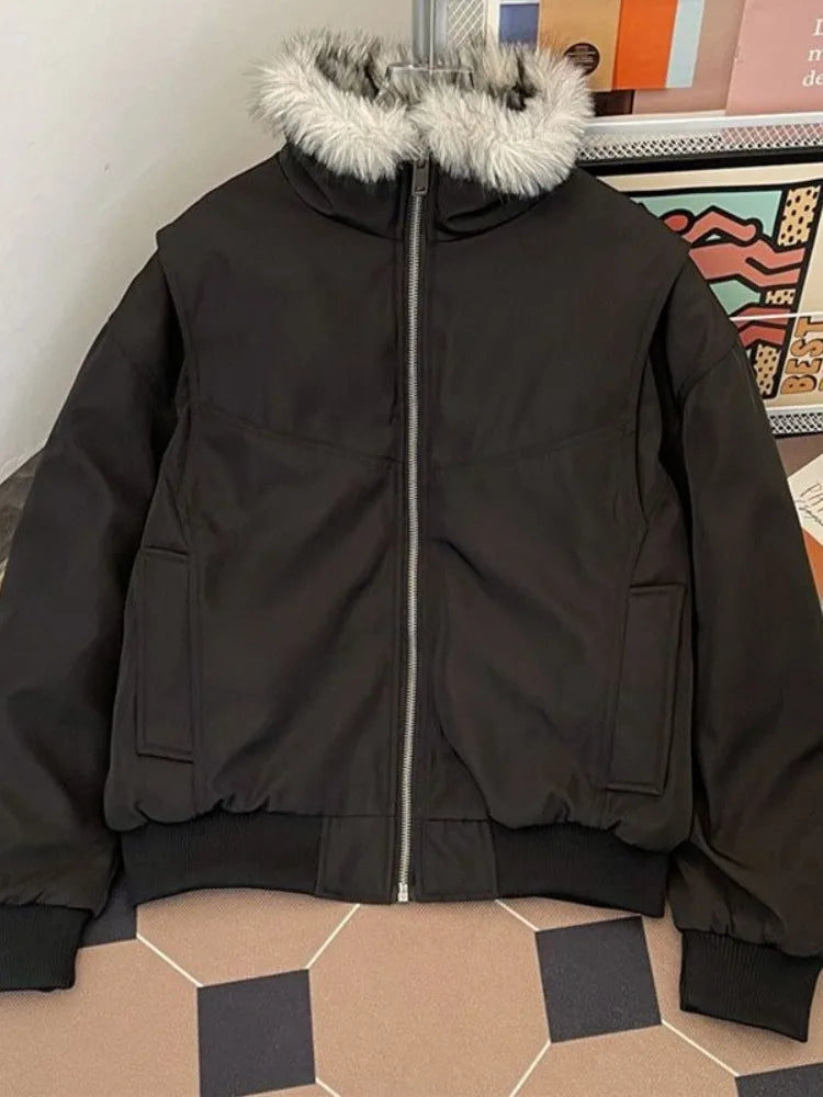 Voguable  Y2k Winter New Elegant Fur Colloar Loose Coat Women Warm Hoodies Thicken Fashion Parkas Casual Outerwear Cotton Padded Jackets voguable