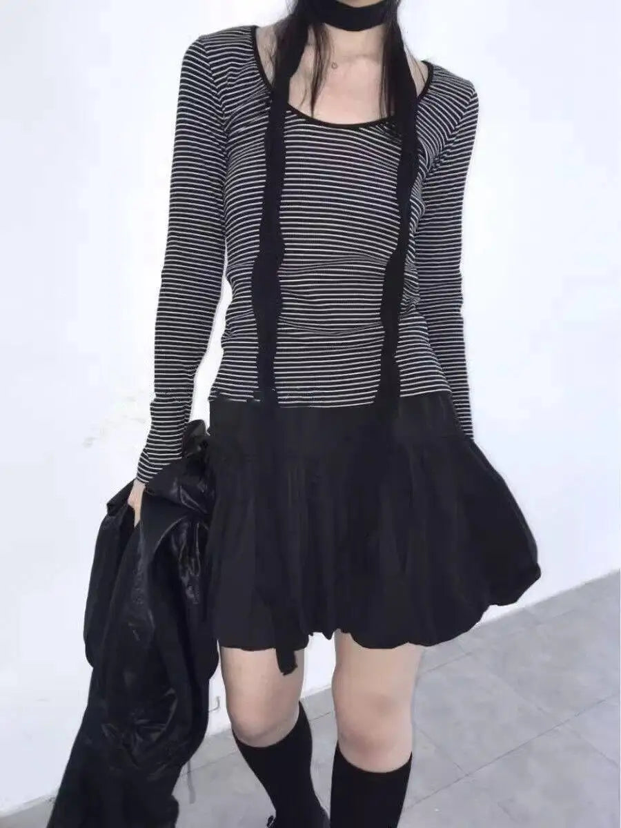 Women Y2k Bubble Mini Skirt Elastic Waist Ruffle Flare Puffy Skirt High Rise Cute Pleated Lace-up Bow Tie Lantern Short Skirt voguable