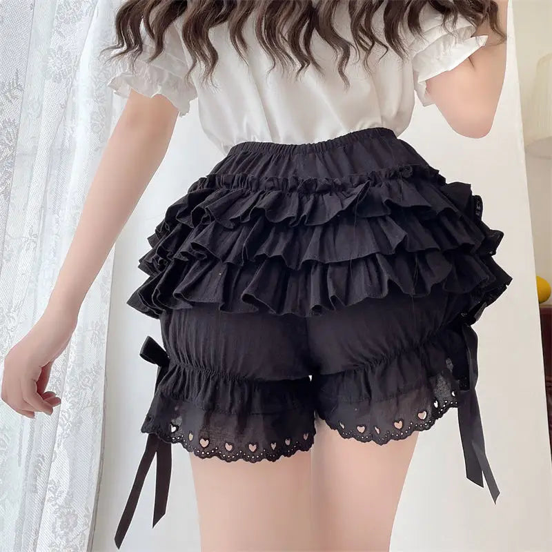 Black White Ruffle Knickers Women Kawaii Pumpkin Panties Cute Lace Bowknot Lolita Safety Shorts Pants Vintage Victorian Bloomers voguable
