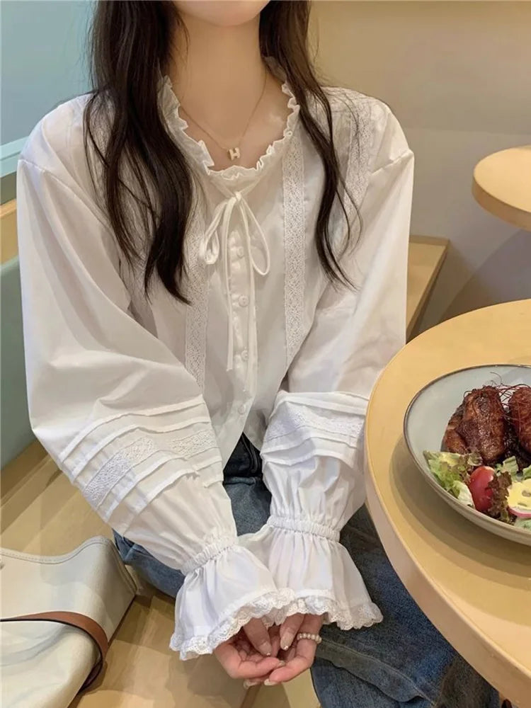 Sexy Slim Cropped White Shirt Women Sweet Lace Patchwork Flare Sleeve Blouse Fashion Fall Ruffled Neck Elegant Korean Chic Tops voguable