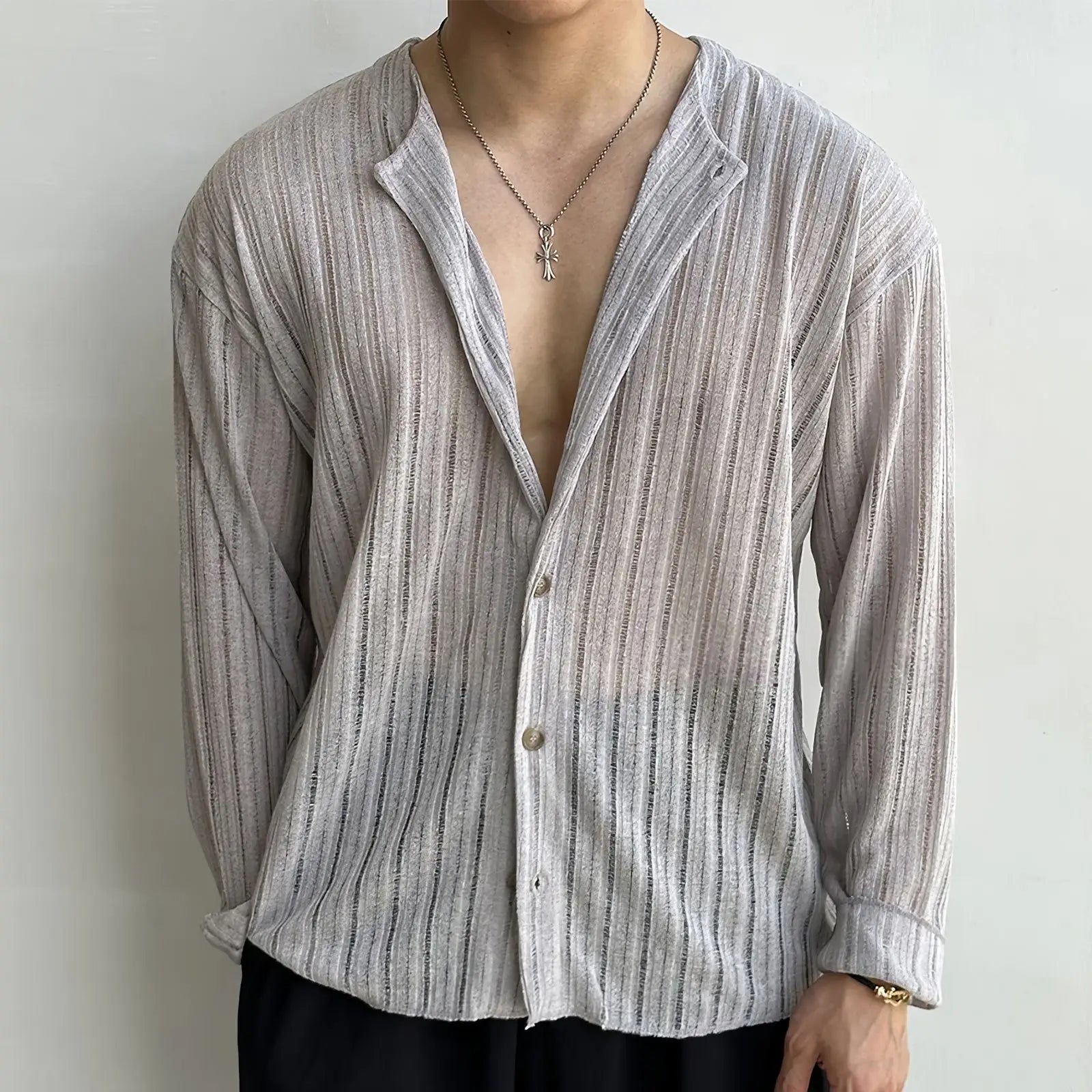 Autumn Hollow Design Knitted Cardigan Men T-shirt Korean Long Sleeve High-end Round Collar Button Holiday Hawaiian Shirt voguable