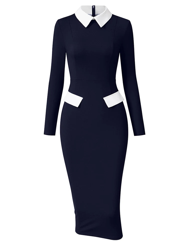 Voguable  Elegant Fashion Women's Pencil Dress Polo Collar Design Professional Long Sleeved Solid Color Office Lady Dress voguable