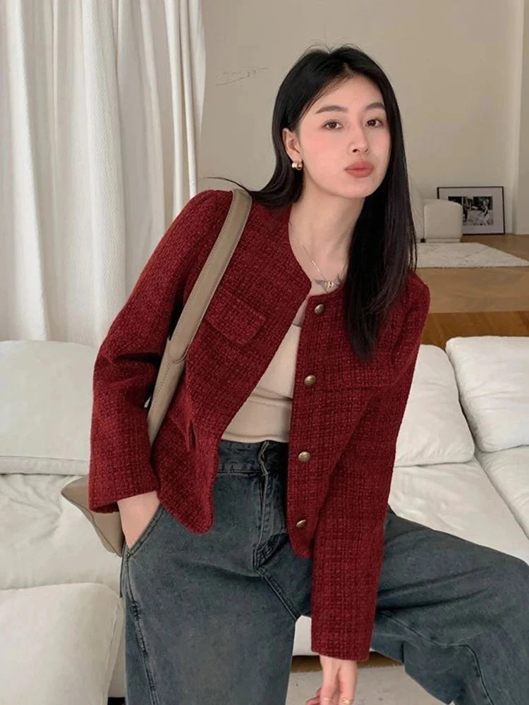 Zoki Women Slim Vintage Jacket Fall Winter Long Sleeve Sweet Elegant Coat French Casual Female O Neck Single Breasted Retro Tops voguable