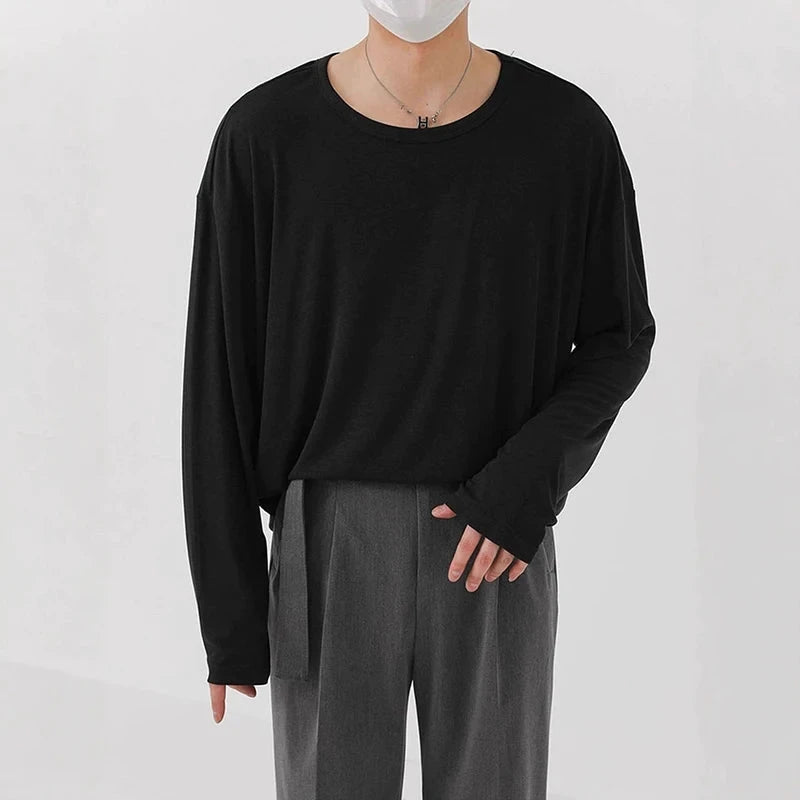 Korean Fashion Men T-shirt Luxury Knitted Solid Color Scoop Neck Long Sleeve Tees Casual Premium Quality Textured Knitwear M-3XL voguable