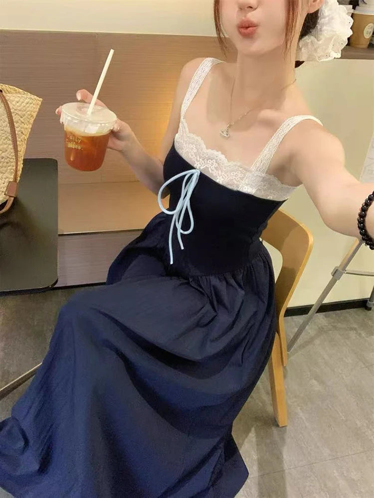 Lace Patchwork Bandage Dress for Women Y2K Summer Elegant Slim Navy Midi Dress Sweet Preppy Sleeveless A Line Vestidos Mujer New voguable