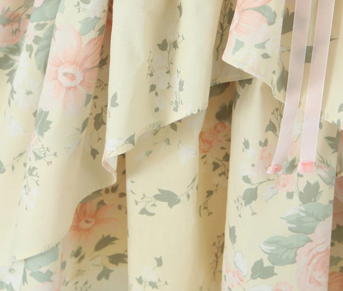 Voguable Princess Yellow Flower Print Bow Wood ears Square Collar Lantern Sleeve Dress Women Ruched Chest Ball Gown Swing Mini Robe Fairy voguable