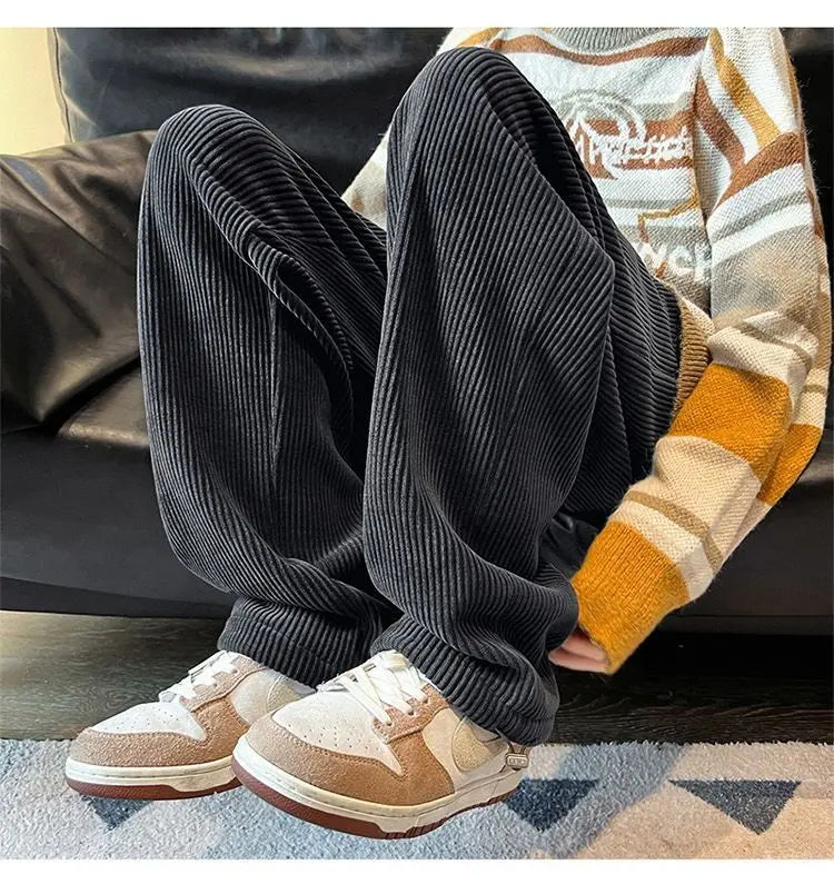 Autumn Corduroy Straight Trousers Men Loose Solid Casual Drape Trousers Harajuku Fashion Drawstring Street Wide Leg Sweatpant voguable