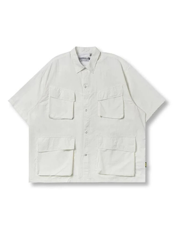 Voguable  Multi Pocket Lapel Shirt Loose Workwear Short Sleeve Button Blouse Men Women Vintage CityBoy Japan Premium Cargo Shirt voguable