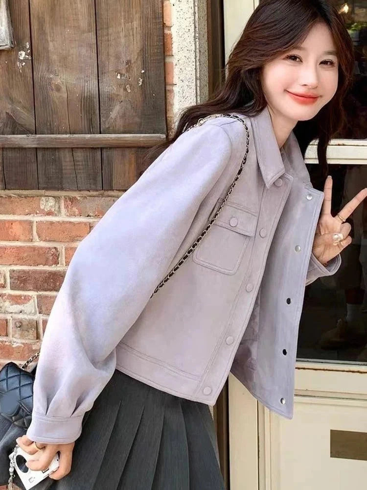 Purple Sweet Faux Suede Jacket Women Casual Vintage Korean Long Sleeve Coat Fall Winter Preppy Style Retro All Match Tops voguable