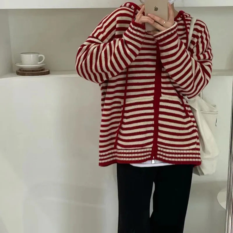 Autumn Winter Red Stripes Hooded Knit Cardigan Woman Korean Fashion Loose Casual Sweater Zipper Coat Oversized Long Sleeve Top voguable