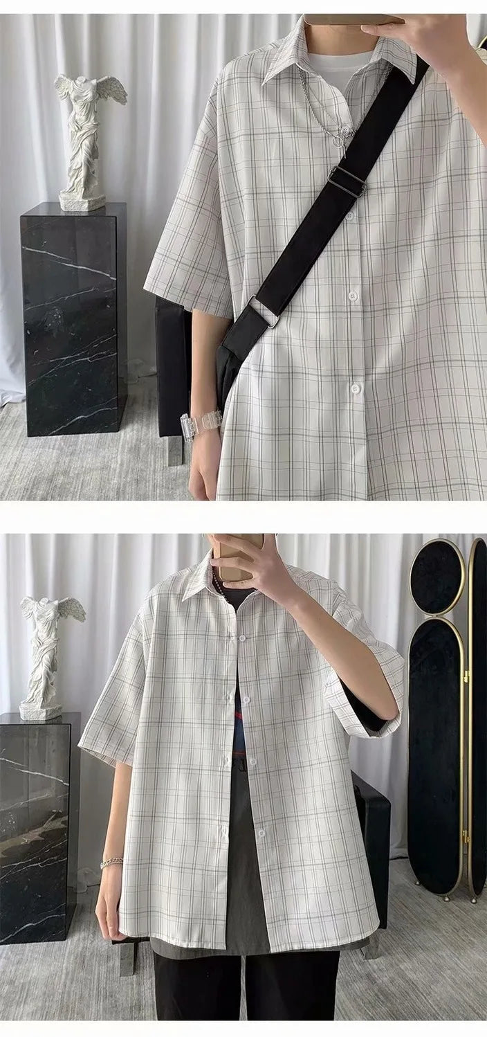 Korean Style Loose and Versatile Plaid Five-point Sleeve Shirt voguable