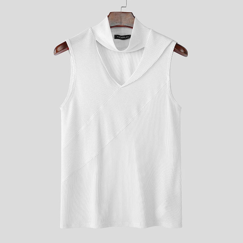 Summer Men Tank Tops Solid Color Knitted Turtleneck Sleeveless Male Vests Tops Hollow Out Sexy Men Clothing Streetwear voguable