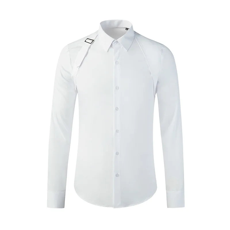 Luxury Men's Shirt Metal Buckle Ribbon Splicing Casual Social Shirts Long Sleeve Slim Fit Business Banquet Party Blouse Tops voguable