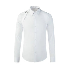 Luxury Men's Shirt Metal Buckle Ribbon Splicing Casual Social Shirts Long Sleeve Slim Fit Business Banquet Party Blouse Tops voguable