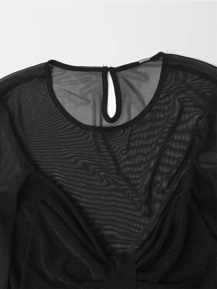 Voguable  Spring 2024 Women Sexy Semi-sheer Patchwork Mesh T Shirt Long Sleeve O Neck Black Tee Summer Crop Top voguable