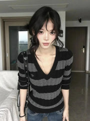 V Neck Vintage Striped Sweater Women Sexy Slim Long Sleeve Y2K Knitted Jumper American Retro Harajuku Letter Fall Pullover voguable