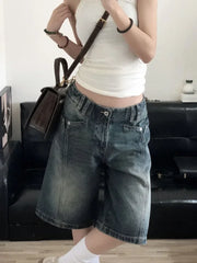 Voguable  American Retro Blue Denim Shorts Women Korean Style High Waist Biker Jeans Feminino Vintage Pants 2024 Summer Chic Streetwear voguable
