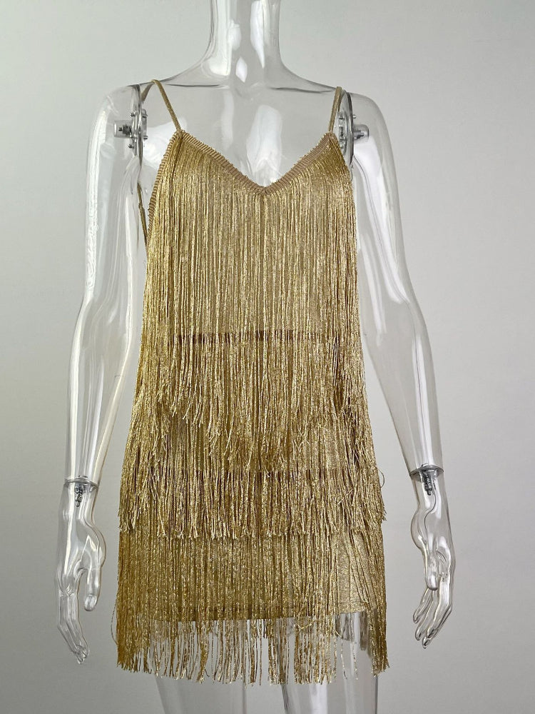 Voguable  Women Sexy Deep V-Neck Spaghetti Straps Fringe Bodycon Mini Dress Tassels Backless Gatsby Cocktail Club Party Dresses voguable