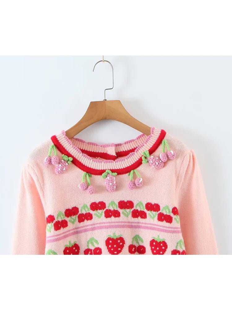 Voguable  New Fashion Women Sweet Pink Strawberry Cherry Thin Knit Sweater O Neck Long Sleeve Female Crop Pullover Autumn Tops voguable