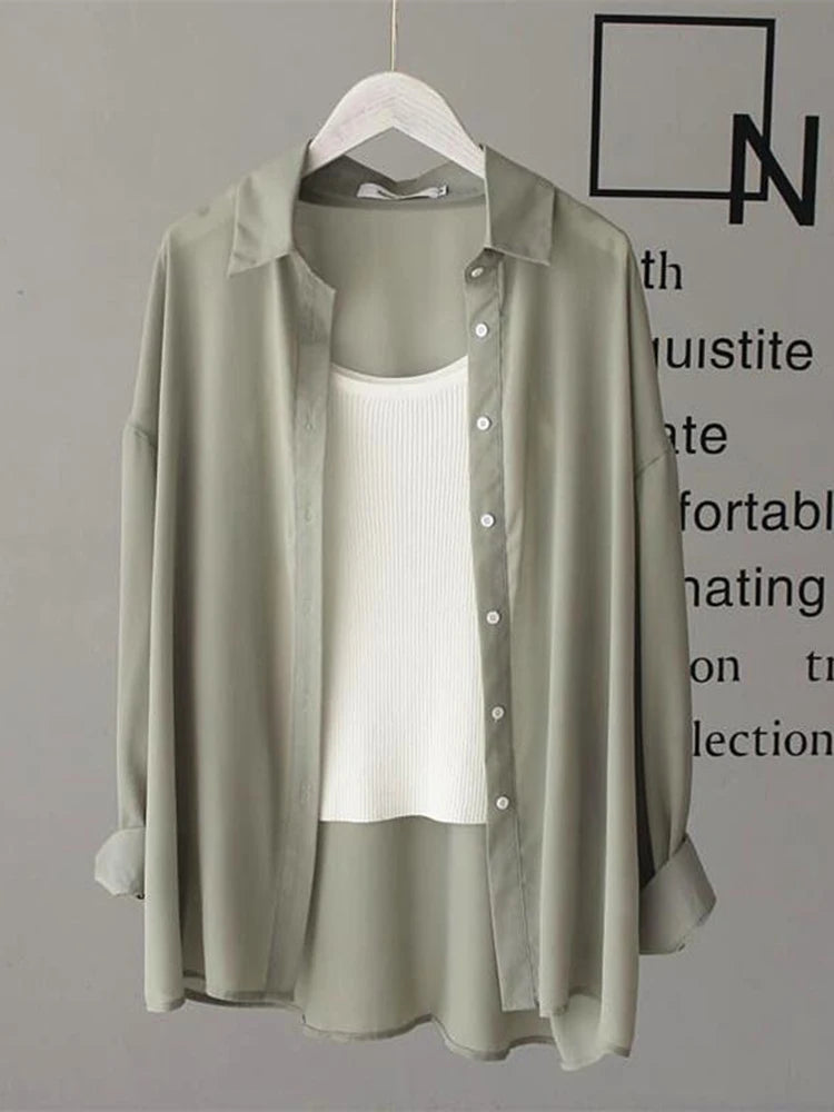 Voguable Chiffon Women Thin Shirts Summer Perspective Button Up Solid Korean Sun Shirt Long Sleeve Fashion Korean Ladies Tops New voguable