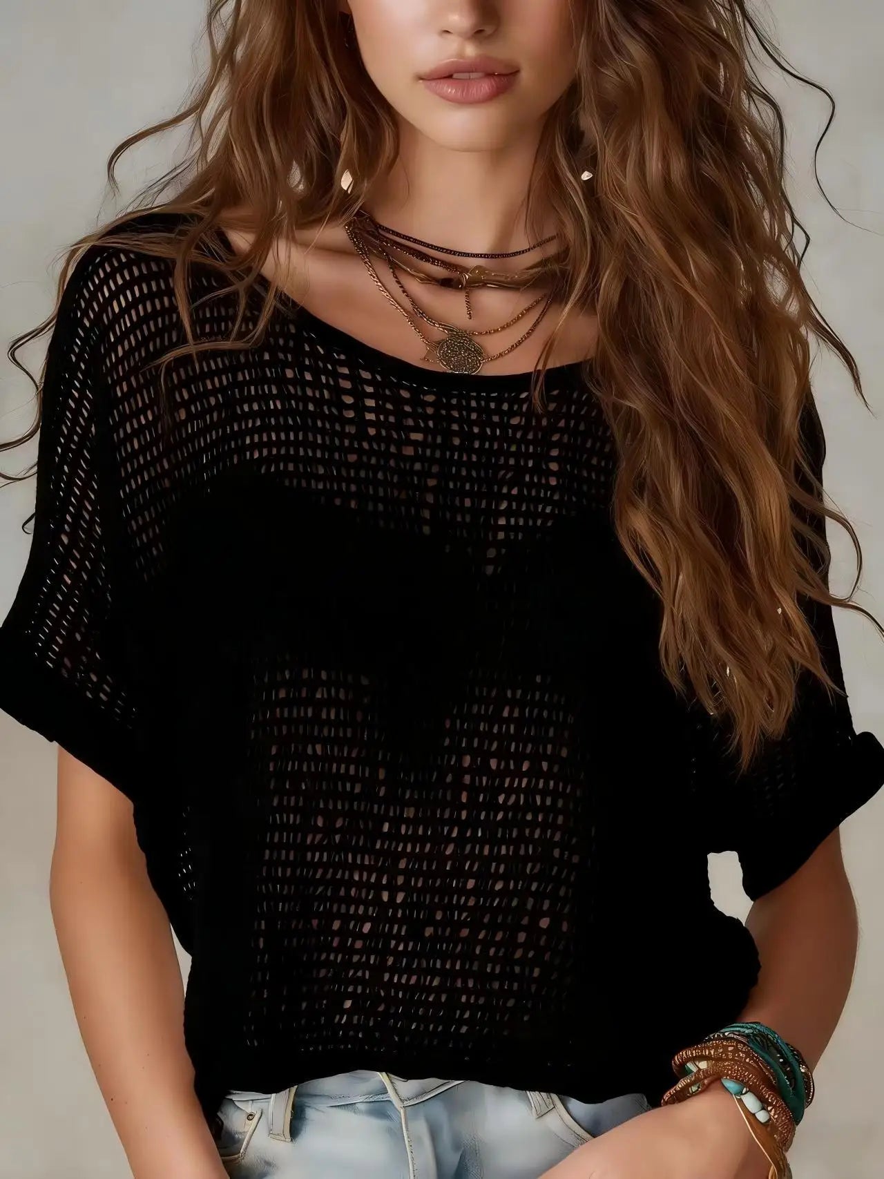 Voguable  Hollow Out Round Neck Casual Loose Fit See-Through  Knitted T-shirt Summer New Solid Color Short Sleeved Pullover Top for Women voguable