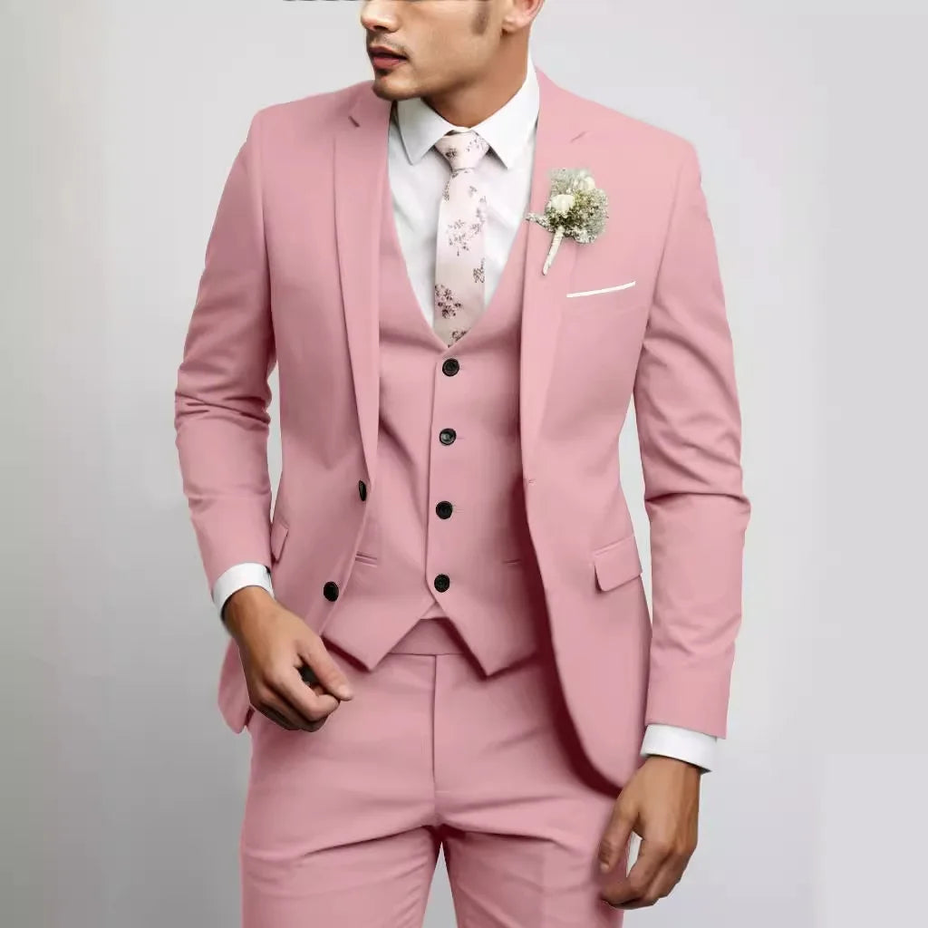 Voguable  3 Pieces Suit Fashionable and Formal Gentle Trend Solid Color Men's Business Casual Fit Wedding Host Gentle Suit voguable