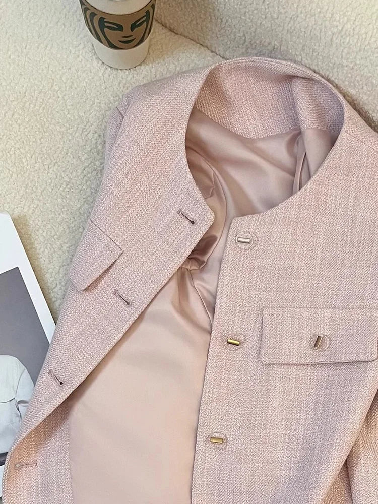 Elegant Women Pink Blazer Coat Sweet Long Sleeve Fashion Slim Suit Jacket Korean Chic O Neck Female Fall Winter Casual Outwear voguable