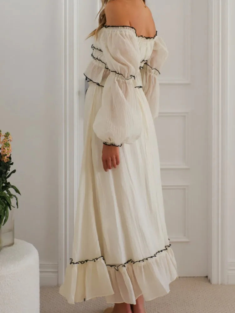 Lantern Sleeve Chiffon Top And A-line Long Skirt Vacation Women Sets 2025 Spring Summer New Ruffle Tee Skirt Summer 2 Piece Set voguable